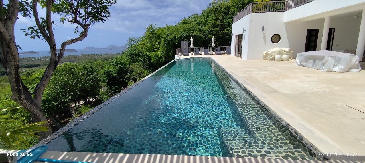 Infinity pool with pebble tiling and sea view
